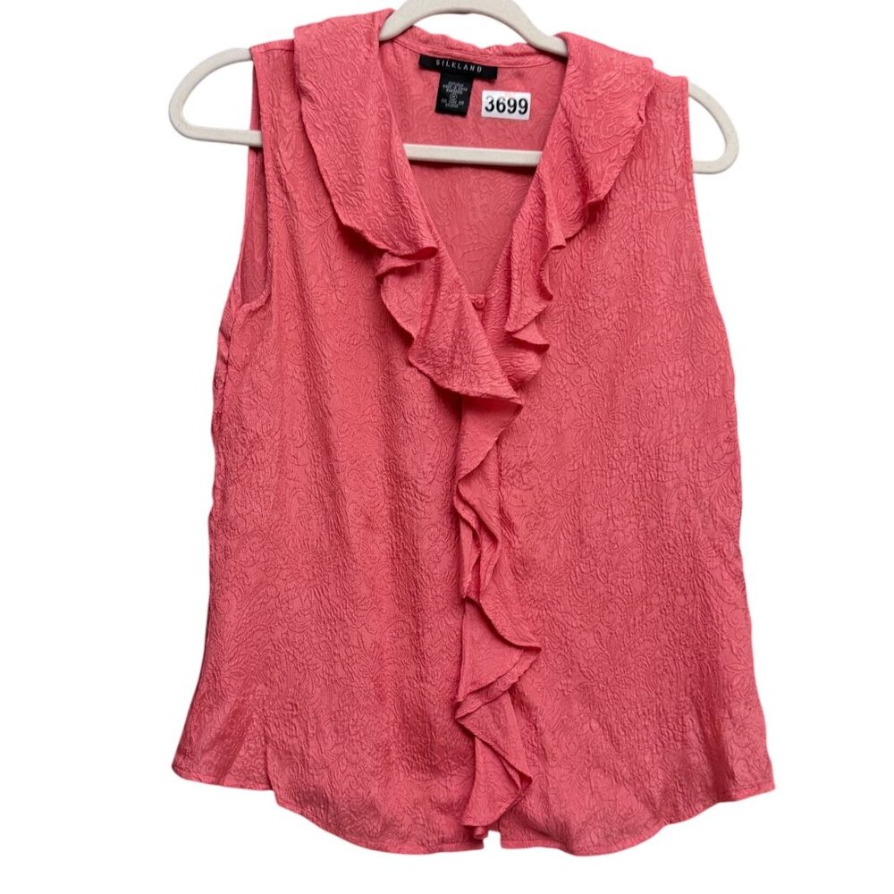 Silkland 100% Silk Sleeveless Ruffle Neck Button Front Blouse Top Medium Pink